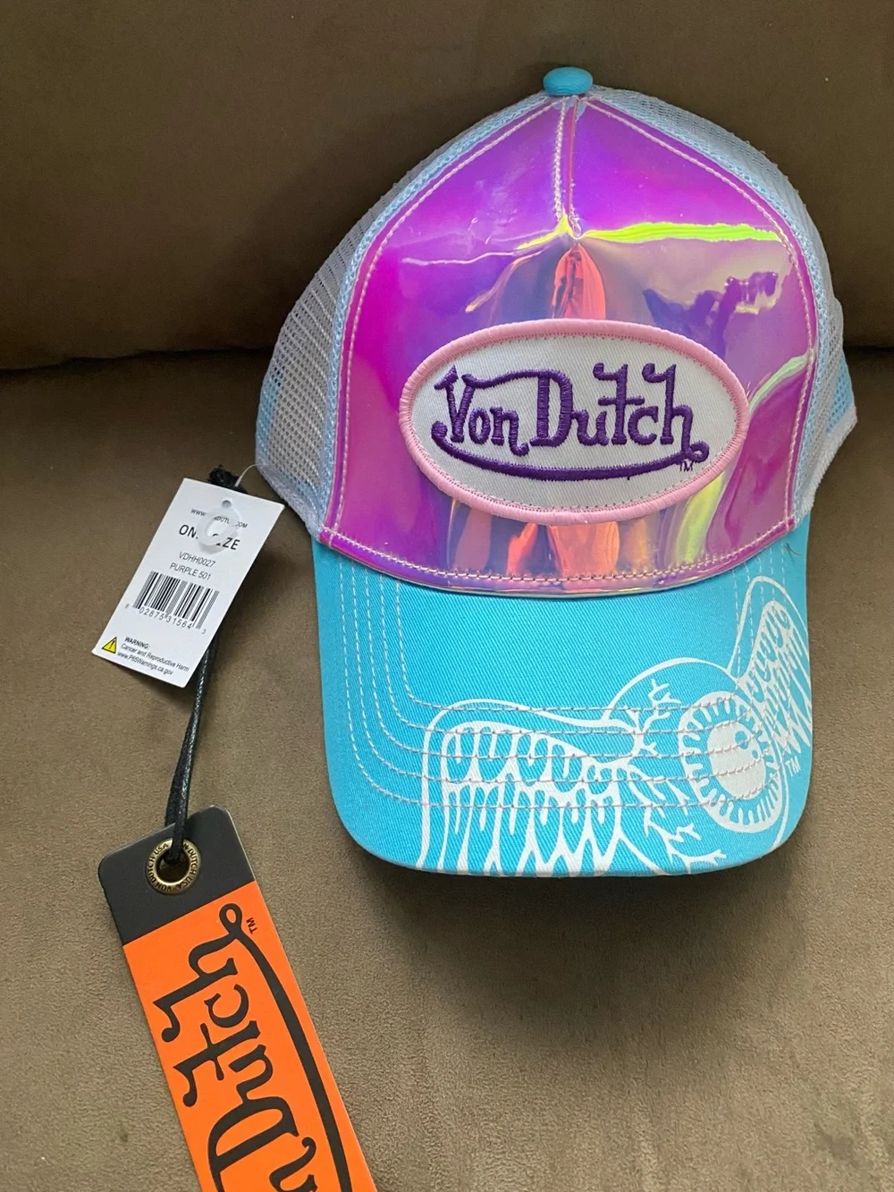 Von Dutch Iridescent Pink Purple Front with Blue Visor Trucker Hat